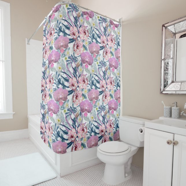 Pink flowers and orchid.  shower curtain (In Situ)