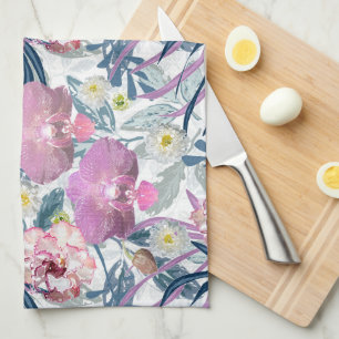 Pink flowers and orchid. tea towel