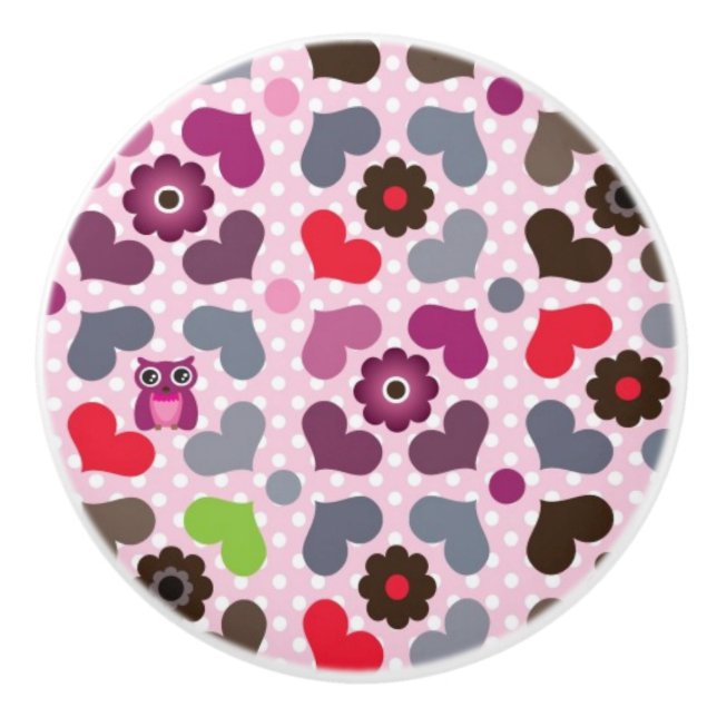 pink flowers and owls pattern ceramic knob (Front)