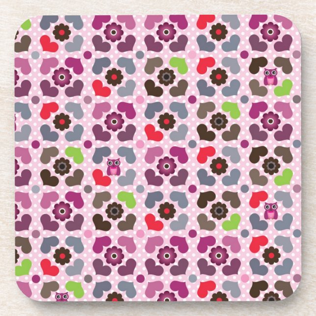 pink flowers and owls pattern coaster (Front)