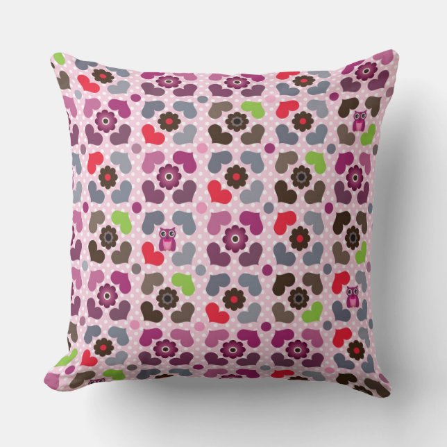 pink flowers and owls pattern cushion (Front)