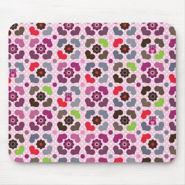 pink flowers and owls pattern mouse pad (Front)