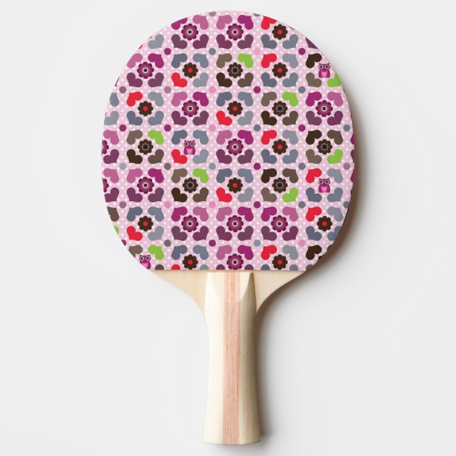 pink flowers and owls pattern ping pong paddle (Front)
