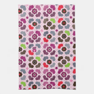 pink flowers and owls pattern tea towel