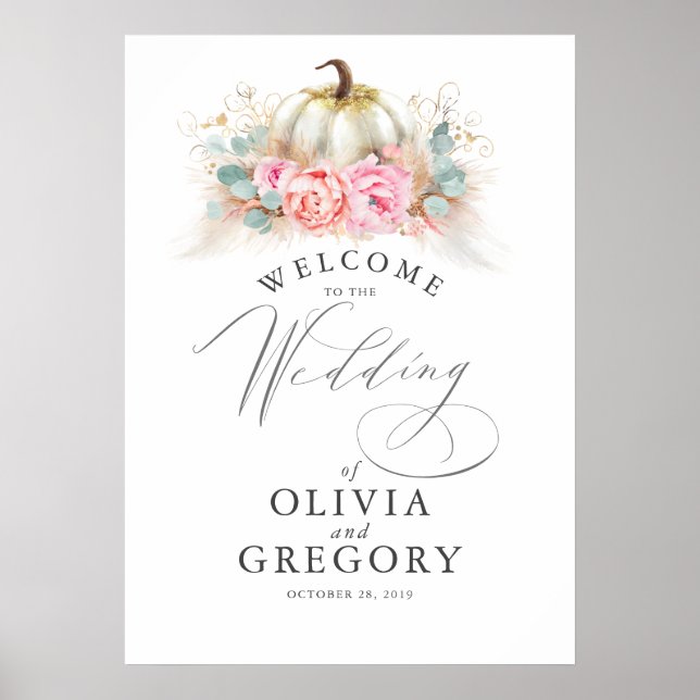 Pink Flowers and Pumpkins Wedding Welcome Poster (Front)