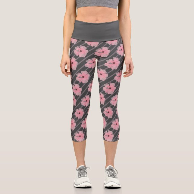 Pink Flowers And Stripes High Waisted Capri (Front)