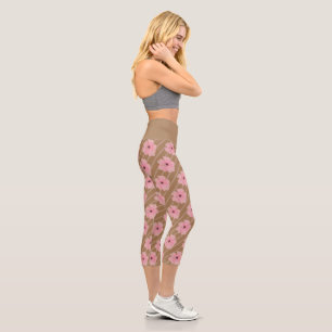 Pink Flowers And Stripes High Waisted Capri Leggings
