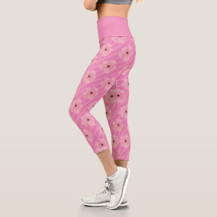 Pink Flowers And Stripes High Waisted Capri Leggings