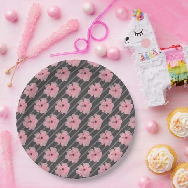 Pink Flowers And Stripes Paper Plates (Party)