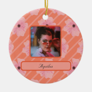 Pink Flowers And Stripes Personalised Ornament