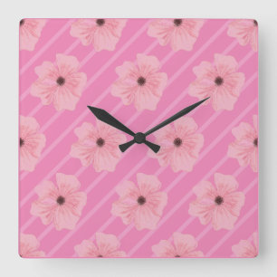 Pink Flowers And Stripes Wall Clock