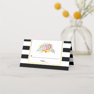 Pink flowers and stripes wedding folded escort place card