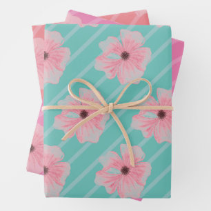 Pink Flowers And Stripes Wrapping Paper Sheets