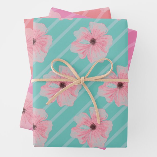 Pink Flowers And Stripes Wrapping Paper Sheets (In situ)