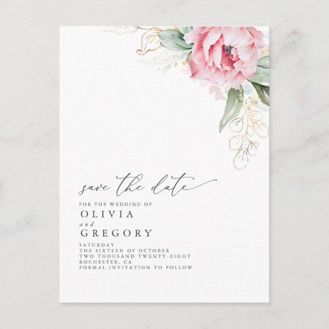 Pink Flowers and Succulents Elegant Save the Date Announcement Postcard (Front)