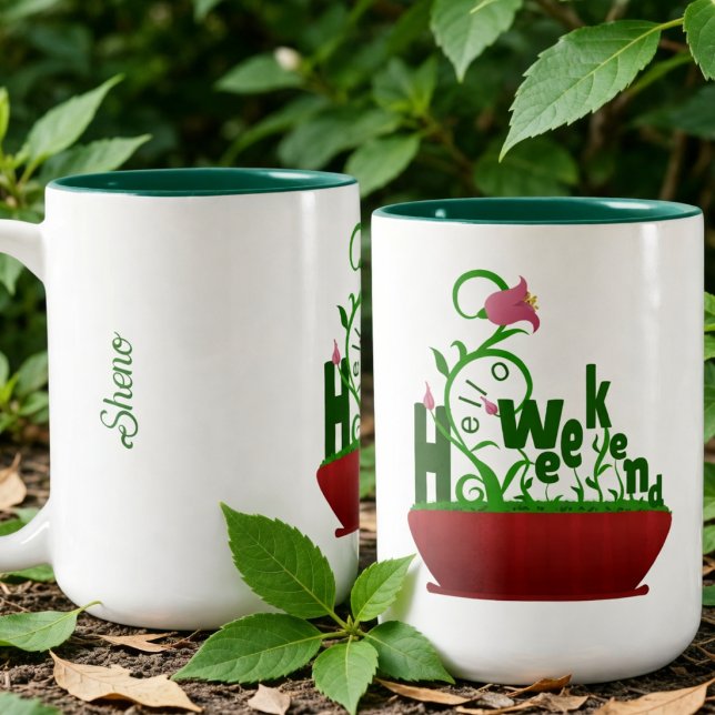 Pink Flowers And Vines Bold Text Two-Tone Coffee Mug (Hello Weekend fantasy mug with pink flowers & vines. Add your name for a fun personal touch.)