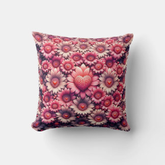 Pink Flowers ans Heart Throw Pillow
