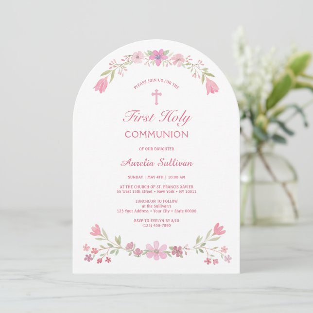 Pink Flowers Arch First Communion Invitation (Standing Front)