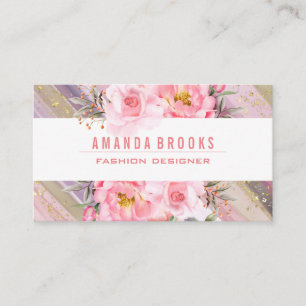 Pink Flowers   Artistic Paint   Gold Foil Specks Business Card