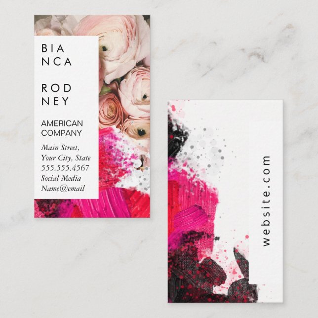 Pink Flowers | Artistic Paint Strokes Business Card (Front/Back)