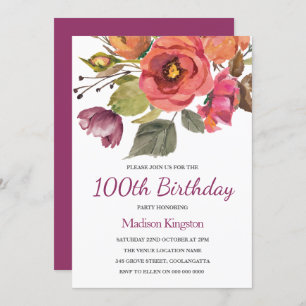 Pink Flowers Autumn Breeze 100th Birthday Invite