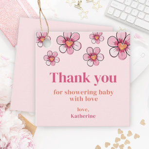 Pink Flowers Baby Shower Thank You Favour Tags