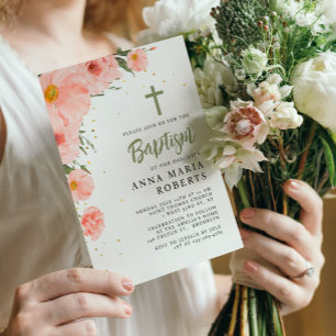 Pink Flowers Baptism Invitation