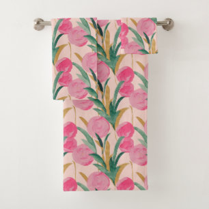 Pink Flowers Bath Towel Set