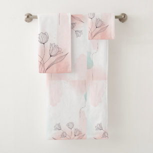 Pink Flowers Bath Towels Set