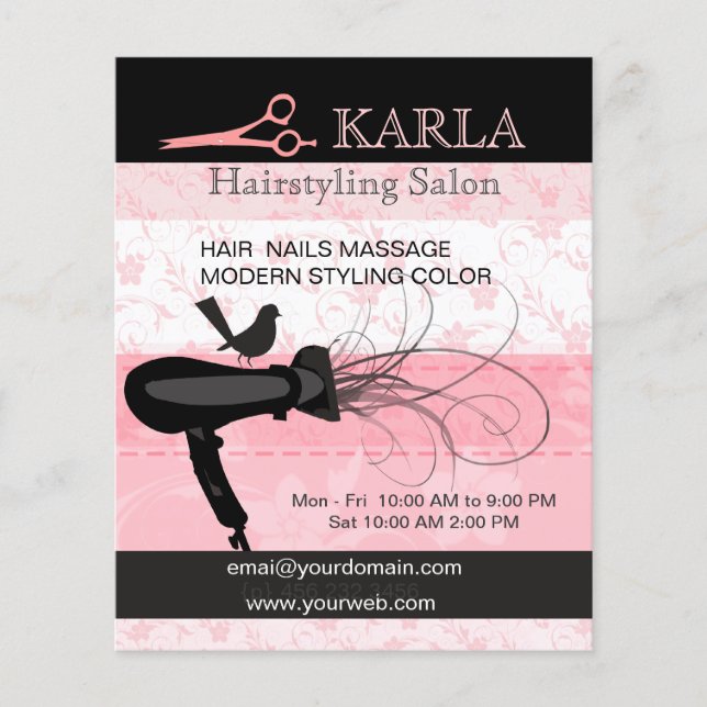 Pink Flowers  Beauty Salon Dryer  Hair Stylist Flyer (Front)