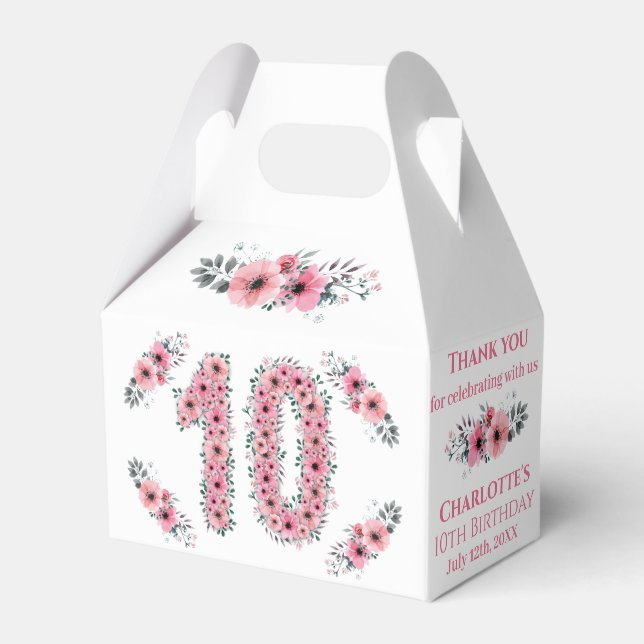 Pink Flowers Big 10th Birthday Girl Green Foliage Favour Box (Front Side)