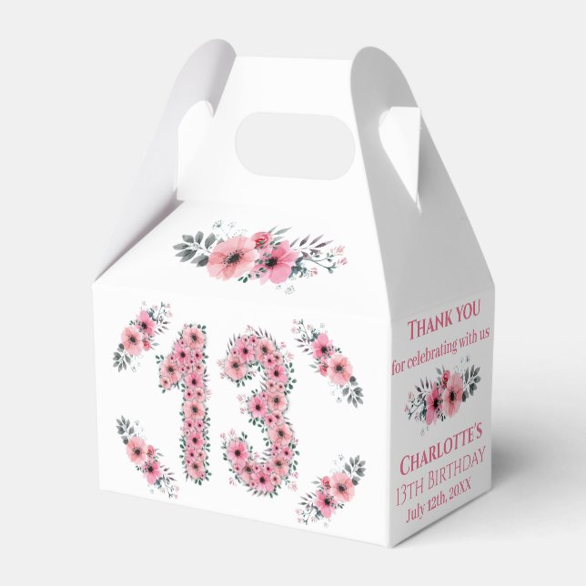 Pink Flowers Big 13th Birthday Girl Green Foliage Favour Box (Front Side)