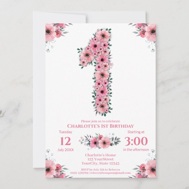 Pink Flowers Big 1st Birthday Girl Green Foliage Invitation (Front)