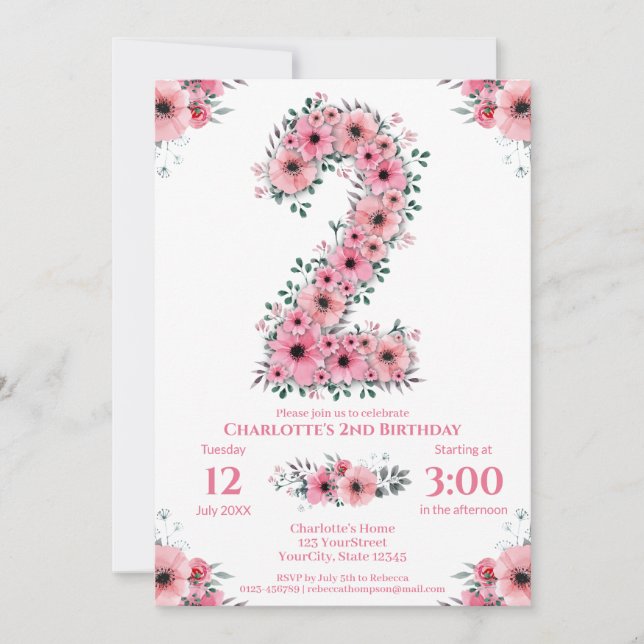 Pink Flowers Big 2nd Birthday Girl Green Foliage Invitation (Front)