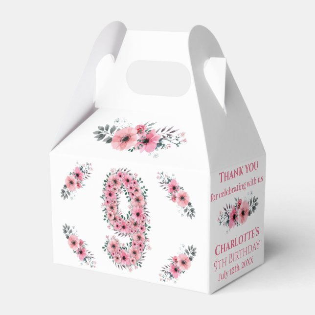 Pink Flowers Big 9th Birthday Girl Green Foliage Favour Box (Front Side)