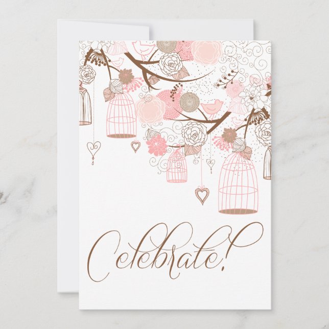 Pink Flowers & Birdcages Birthday Invitations (Front)