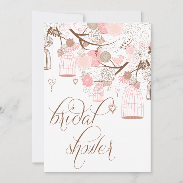 Pink Flowers & Birdcages Bridal Shower Invitations (Front)