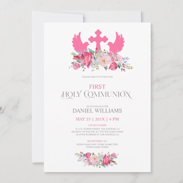 Pink flowers birds and a cross First Communion Invitation (Front)