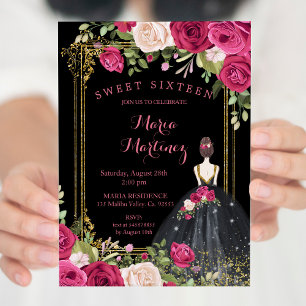 Pink Flowers & Black Background 16th Birthday Invitation