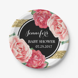 Pink Flowers Black Gold Stripes Baby Shower Plate