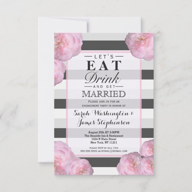 Pink Flowers & Black, Grey, & White Stripes Invitation (Front)