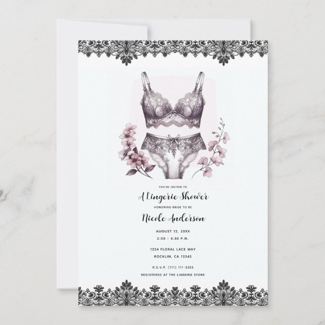 Pink Flowers & Black Lace Lacey Lingerie Shower Invitation (Front)