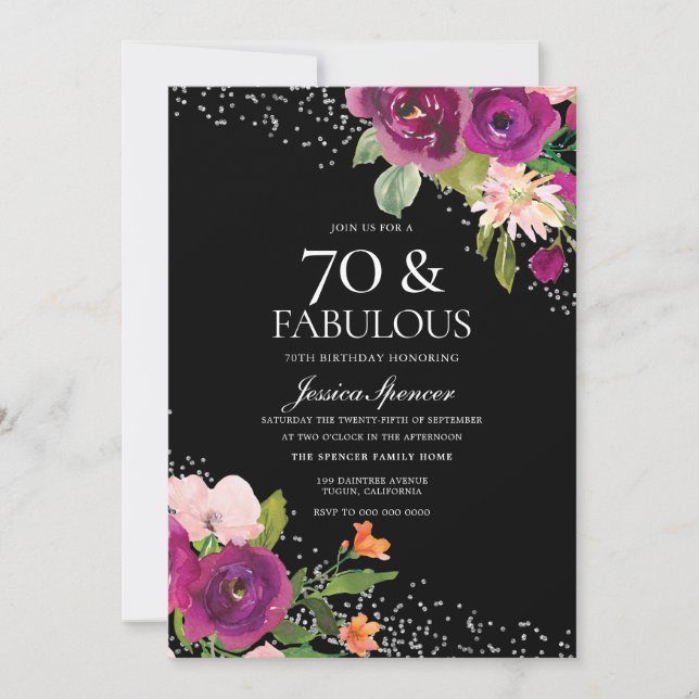 Pink Flowers Black Silver 70th Birthday Party Invitation (Front)