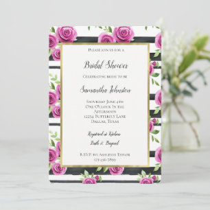 Pink Flowers Black Stripes Bridal Shower Invitation
