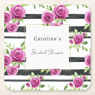Pink Flowers Black Stripes Bridal Shower Square Paper Coaster