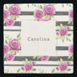 Pink Flowers Black Stripes   Stone Coaster<br><div class="desc">Pink Flowers Black Stripes</div>