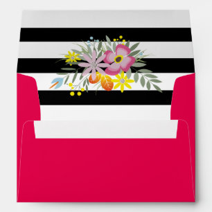 Pink flowers black white stripes floral wedding envelope