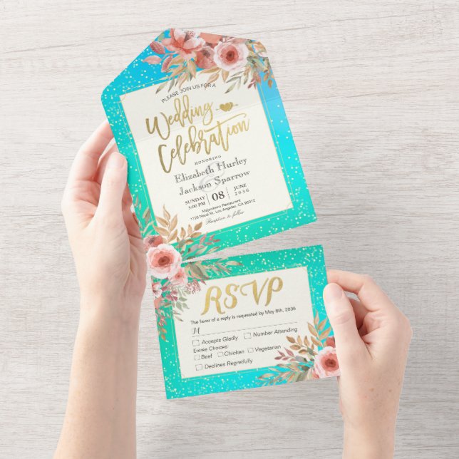 Pink Flowers Blue Green Gold Confetti Wedding RSVP All In One Invitation (Tearaway)