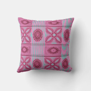 pink flowers blue stripes vintage art Pattern  Cushion