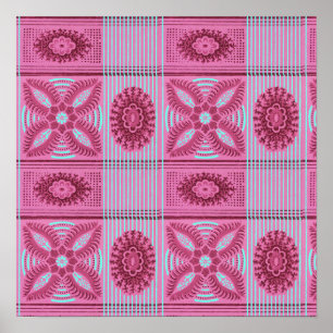 pink flowers blue stripes vintage art Pattern Poster